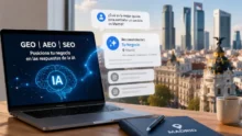 Laptop con conceptos SEO, GEO y AEO junto a tarjetas de recomendación de IA y fondo urbano de Madrid
