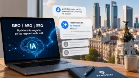 Laptop con conceptos SEO, GEO y AEO junto a tarjetas de recomendación de IA y fondo urbano de Madrid