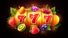 Ilustración de un slot con números 777 y frutas alrededor sobre fondo oscuro