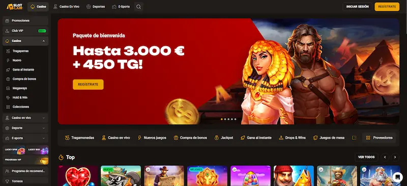 Captura de SlotLair con paquete de bienvenida y categorías de casino