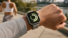 Smartwatch an einem Handgelenk vor unscharfem Outdoor-Hintergrund mit laufender Person