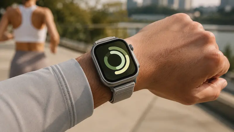 Smartwatch an einem Handgelenk vor unscharfem Outdoor-Hintergrund mit laufender Person