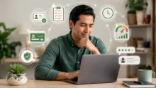 Hombre frente a una laptop con íconos de validación, reloj, banco y opiniones de usuarios