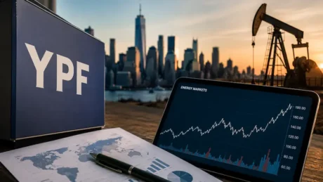Cartel de YPF, gráfico financiero en una tablet y una bomba petrolera al atardecer