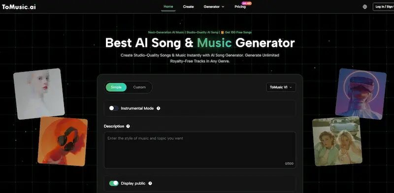 Screenshot of the ToMusic.ai generator homepage with a music prompt box and dark interface