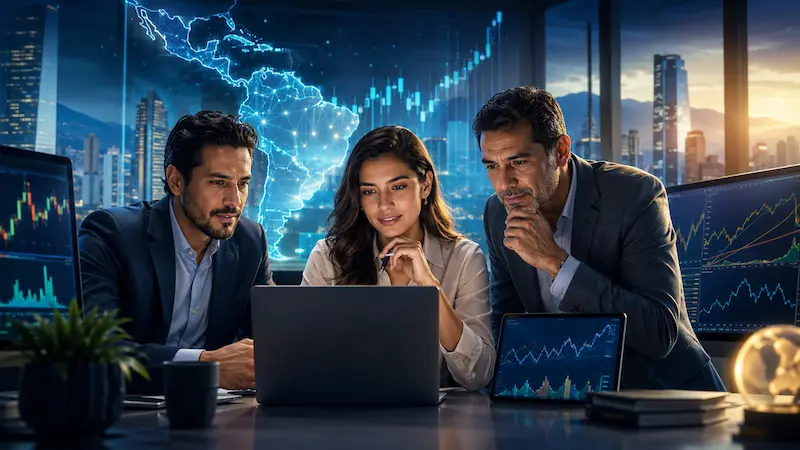 Tres traders latinoamericanos analizan gráficos financieros frente a una pantalla con mapa regional