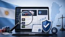 Laptop con reseñas de casinos online, lupa, escudo de seguridad y referencias visuales a Argentina