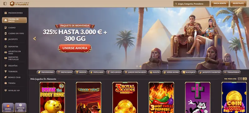 Captura de Vicibet con bono de bienvenida, menú lateral y juegos destacados