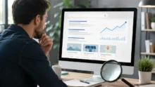 Persona analiza en una computadora resultados de búsqueda, gráficos de crecimiento y fichas de negocios