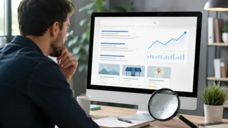 Persona analiza en una computadora resultados de búsqueda, gráficos de crecimiento y fichas de negocios
