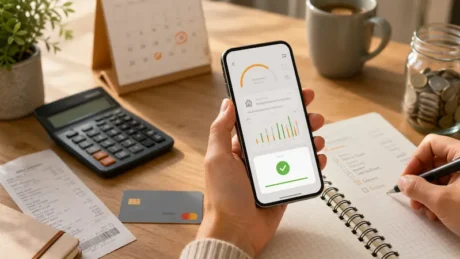 Persona revisa una app financiera junto a una calculadora, recibos, tarjeta y libreta de gastos
