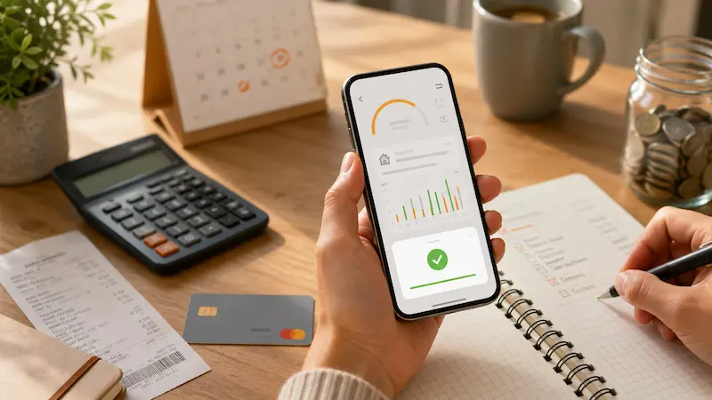 Persona revisa una app financiera junto a una calculadora, recibos, tarjeta y libreta de gastos