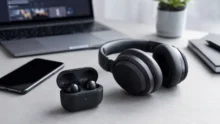 Auriculares inalámbricos y estuche de carga sobre un escritorio con celular y notebook desenfocados