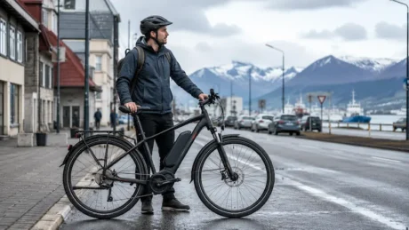 Hombre con casco junto a una bicicleta eléctrica en una calle urbana fría