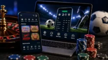 Celular y computadora con apuestas deportivas, ruleta, fichas de casino y pelota de fútbol