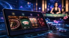 Tablet con juegos de casino online, fichas y una crupier desenfocada al fondo