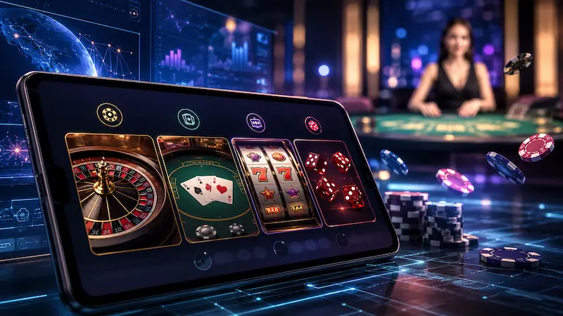 Tablet con juegos de casino online, fichas y una crupier desenfocada al fondo