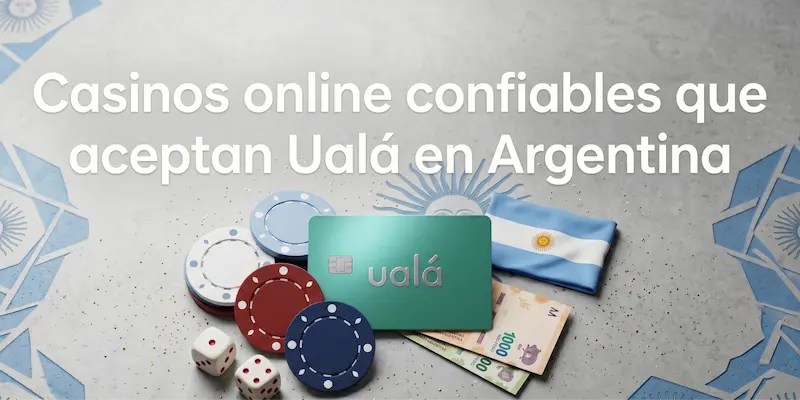 Tarjeta Ualá, fichas de casino, dados, billetes y bandera argentina sobre fondo claro