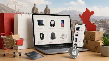 Laptop y celular con tienda online, bolsas, cajas y símbolo de seguridad junto a silueta de Perú