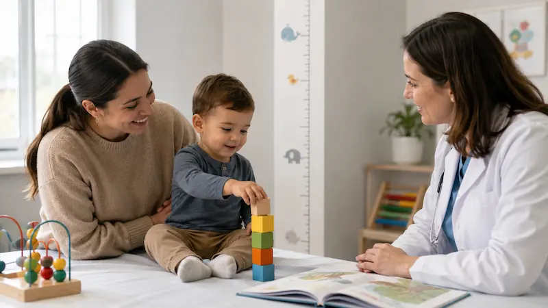 Niño pequeño juega con bloques durante una consulta pediátrica junto a una adulta y una médica