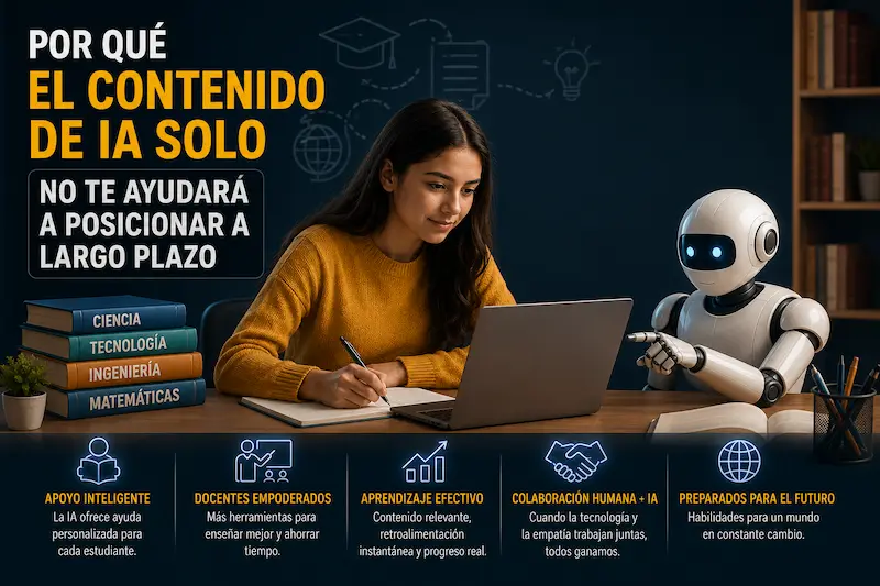 Estudiante frente a una laptop junto a un robot, con textos sobre IA, contenido y aprendizaje.