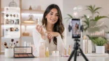 Creadora de belleza muestra un producto frente a una cámara con cosméticos e iconos de redes sociales