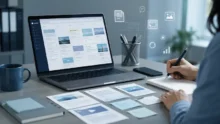 Escritorio con notebook, tarjetas de contenido y una persona escribiendo una estrategia digital