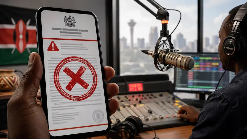 Phone with a false shutdown notice in front of an active radio studio