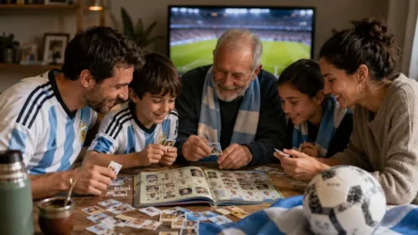 Familia argentina reúne figuritas de fútbol alrededor de un álbum con un partido en la televisión
