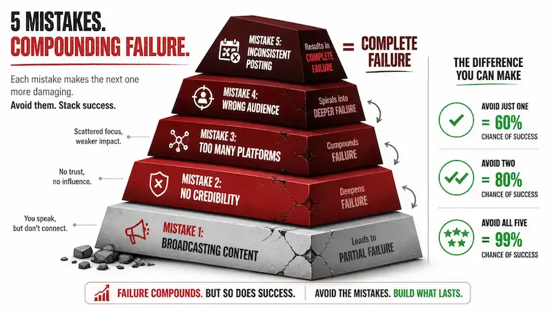Pyramid graphic showing five social media mistakes that lead to compounding failure