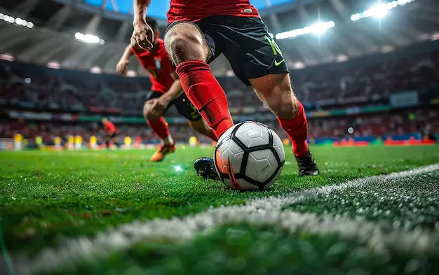 Futbolista con camiseta roja conduce una pelota cerca de la línea en un estadio