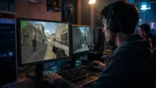 Jugador con auriculares frente a una PC con un shooter táctico clásico en pantalla
