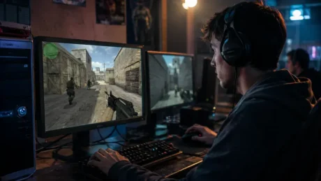Jugador con auriculares frente a una PC con un shooter táctico clásico en pantalla