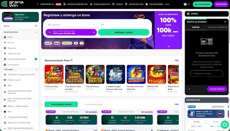 granawin casino apuestas Pantalla de Granawin con bono de registro, juegos recomendados y boleto de apuestas