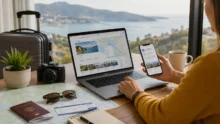 Persona planifica un viaje con laptop y celular junto a una valija, un mapa y una taza de café