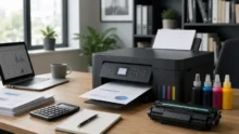 Impresora sobre escritorio con hojas impresas, tintas, tóner, papeles y una notebook en una oficina