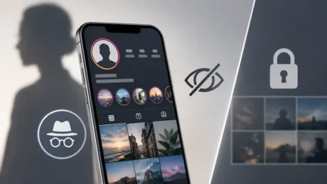 Smartphone con perfil social, íconos de incógnito, ojo tachado y candado sobre privacidad digital