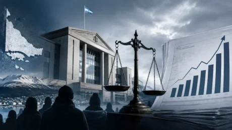 Balanza de justicia frente a un tribunal, siluetas de personas y gráfico salarial ascendente