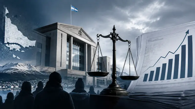 Balanza de justicia frente a un tribunal, siluetas de personas y gráfico salarial ascendente