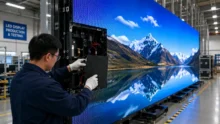Technician installs an LED display module beside a large video wall inside a factory