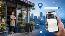Local storefront with a business owner, smartphone map listing, search bar and digital icons
