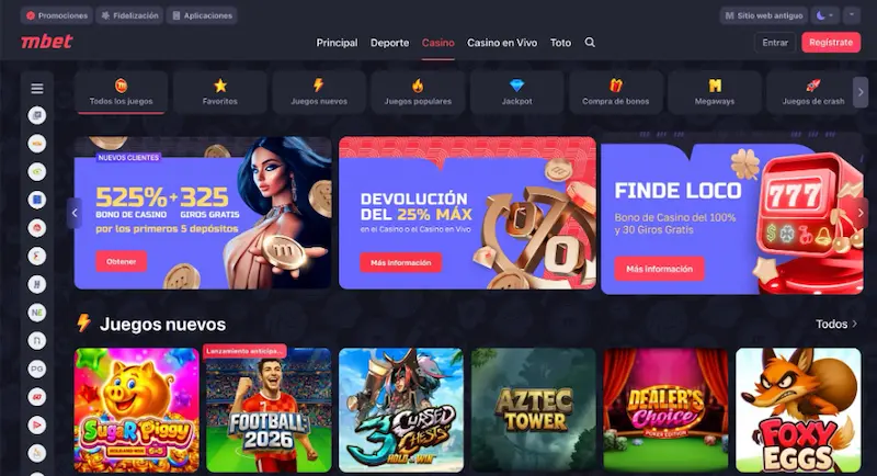 mbet casino online Pantalla de Mbet con promociones de casino, menú de juegos y tragamonedas nuevas