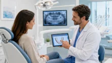 Dentist explaining a digital dental scan to a patient in a modern clinic