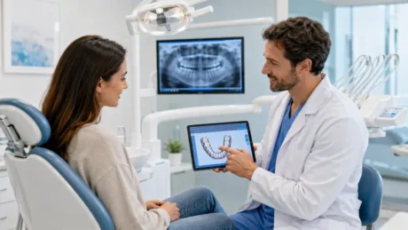Dentist explaining a digital dental scan to a patient in a modern clinic