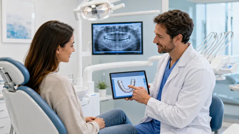 Dentist explaining a digital dental scan to a patient in a modern clinic