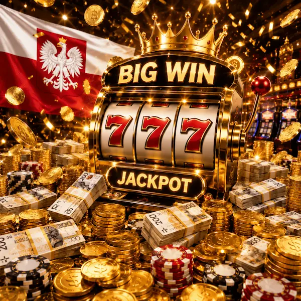 Jackpot slot machine with coins, poker chips, cash and a Polish flag in the background