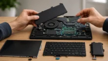 Manos sostienen una batería y un SSD sobre una notebook abierta con pantalla y teclado desmontados