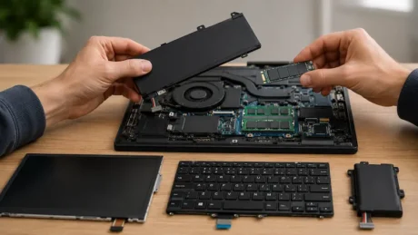 Manos sostienen una batería y un SSD sobre una notebook abierta con pantalla y teclado desmontados