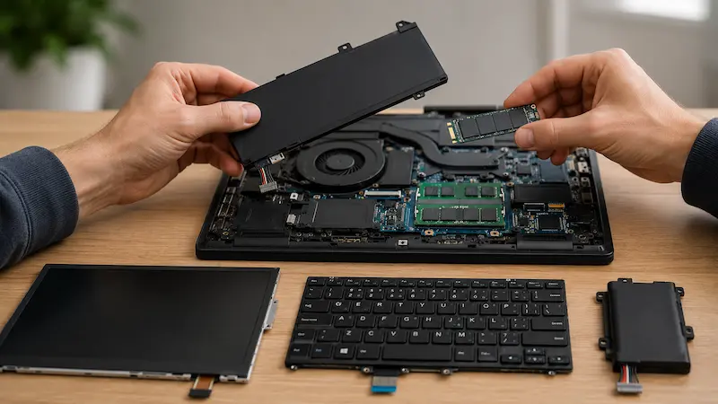 Manos sostienen una batería y un SSD sobre una notebook abierta con pantalla y teclado desmontados