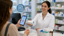 Paciente muestra un celular y DNI mientras una farmacéutica entrega un medicamento